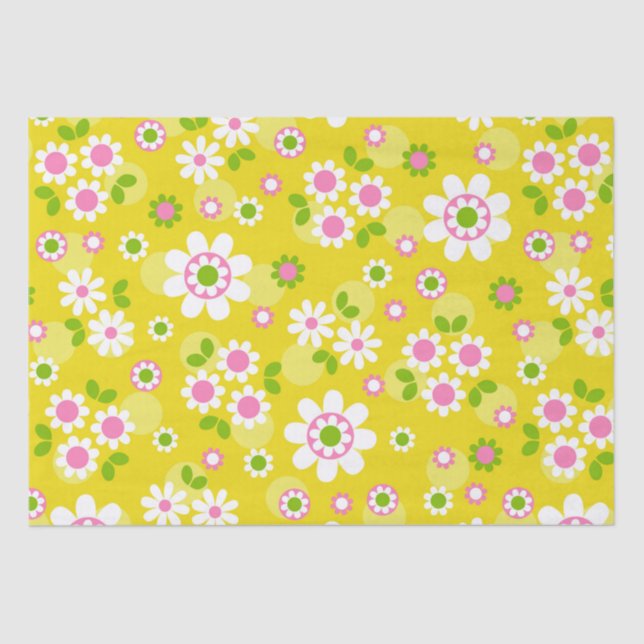 Papier Mousseline Fleurs Mood Rétro Jaune & Blanc (Recto)