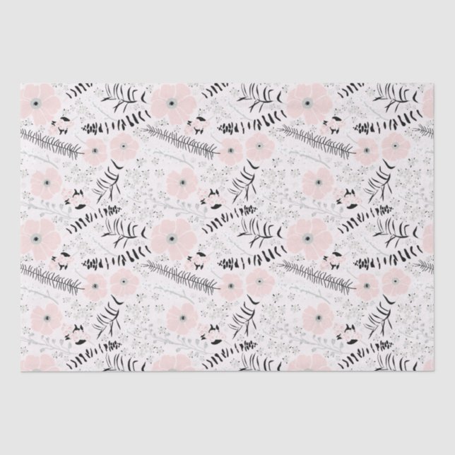 Papier Mousseline Fleurs Motif botanique noir rose (Recto)