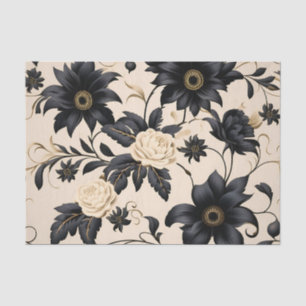 Papier Mousseline Fleurs noires sur Motif beige