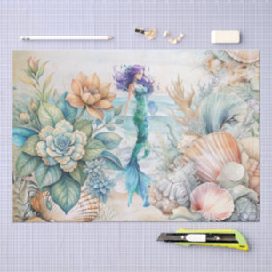 Papier Mousseline Fleurs pastel de plage Mermaid & Coquillages Décou