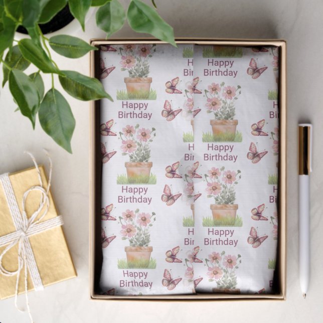 Papier Mousseline Fleurs pointillées et papillons Aquarelle Annivers (tissue paper template in gift box)