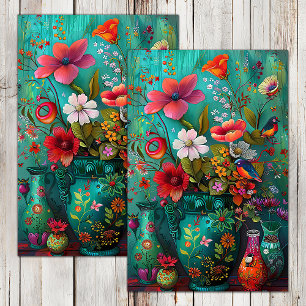 PAPIER MOUSSELINE FLEURS PRINTANIÈRES COLORÉES EN DÉCOUPAGE DE VASE