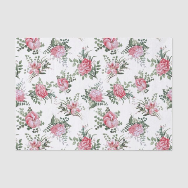 Papier Mousseline Fleurs romantiques et fougères roses (Recto)