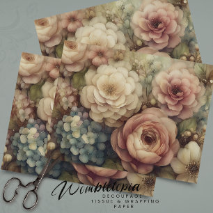 Papier Mousseline Fleurs Romantiques Vintage en Découpage Rose Bleu