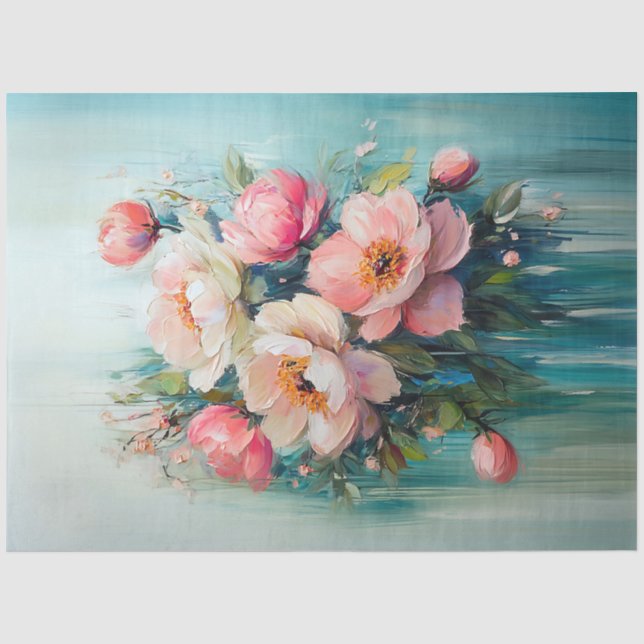 Papier Mousseline Fleurs roses Abstraites Turquoise Découpage Arrièr (Recto)