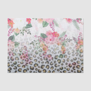 Papier Mousseline Fleurs roses Empreintes de léopard noires en argen