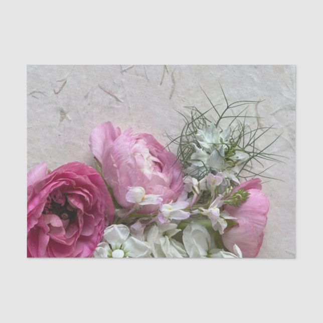 Papier Mousseline Fleurs roses et blanches à la texture (Recto)