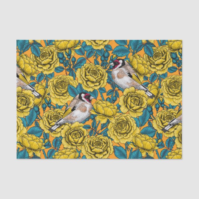 Papier Mousseline Fleurs roses et oiseaux dorés (Recto)