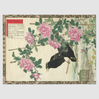 Papier Mousseline Fleurs roses roses & Découpage orientale d'oiseaux