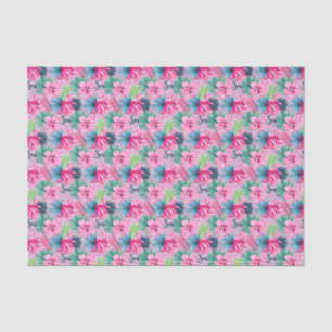 Papier Mousseline Fleurs roses vertes bleues Floral Tropical lumineu