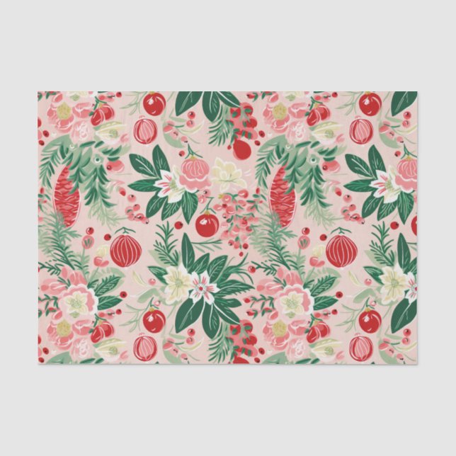 Papier Mousseline Fleurs roses vertes Noël rétro (Recto)