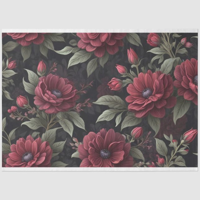Papier Mousseline Fleurs rouges bordeaux Découpage gothique (Recto)
