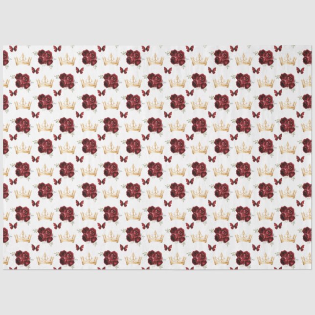 Papier Mousseline Fleurs rouges bourguignonnes et Couronnes d'or (Recto)
