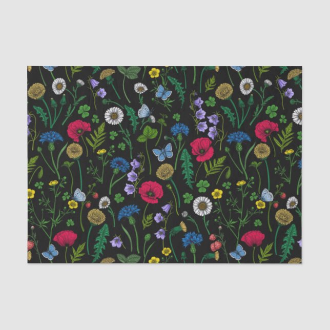 Papier Mousseline Fleurs sauvages en noir (Recto)
