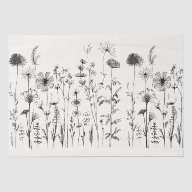 Papier Mousseline Fleurs sauvages noirs et blancs pour découpage ou  (Recto)