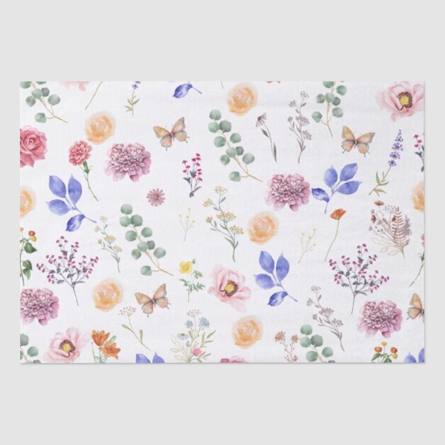 Papier Mousseline Fleurs Sauvages Pressées Papillon Blanc (Recto)