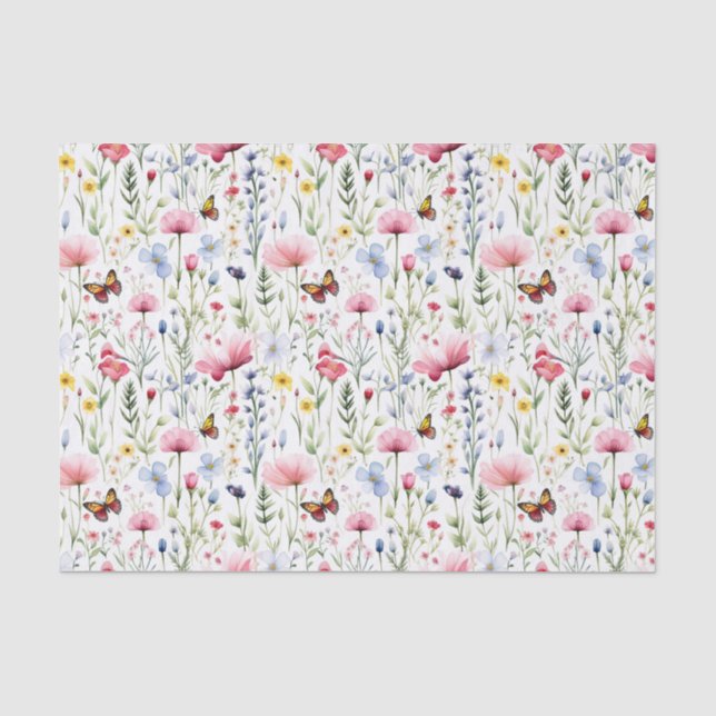 Papier Mousseline Fleurs sauvages rose jaune Papillon Anniversaire  (Recto)