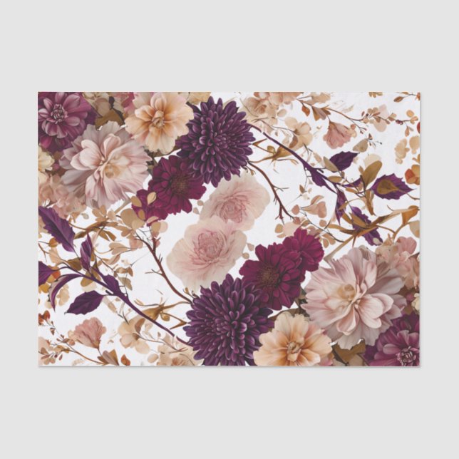 Papier Mousseline Fleurs sauvages rustiques florales bordeaux et ros (Recto)