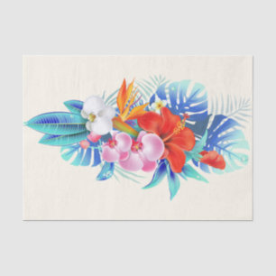 Papier Mousseline Fleurs tropicales exotiques en rose et turquoise