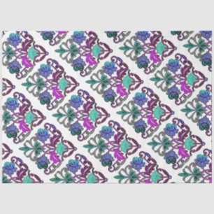 Papier Mousseline FLEURS turquoises DE BROIDISSERIE VERTE PURPLE