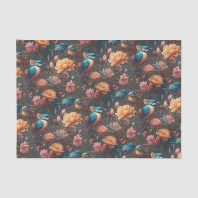 Papier Mousseline Fleurs vintages et oiseaux (Recto)