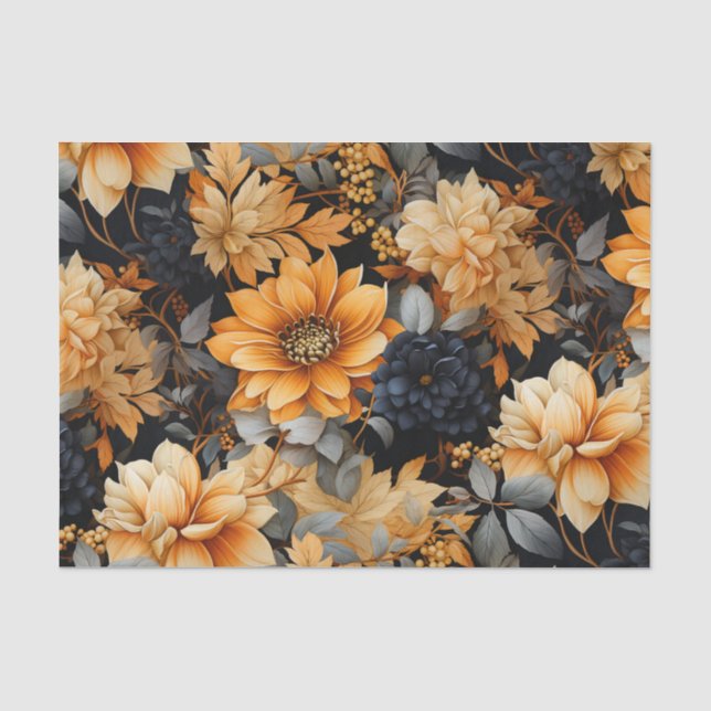 Papier Mousseline Floral à automne orange et noir (Recto)