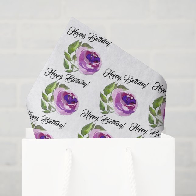 Papier Mousseline Floral Aquarelle Rose Motif | Joyeux anniversaire (Sac cadeau)