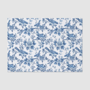 Papier Mousseline Floral bleu oriental avec Motif d'oiseaux