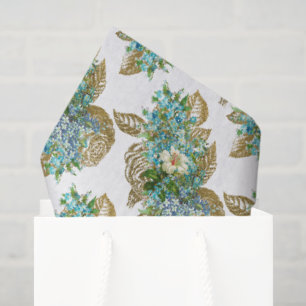Papier Mousseline Floral bleu vintage et or