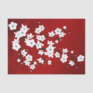 Papier Mousseline Floral Cerisier Fleur Rouge Blanc