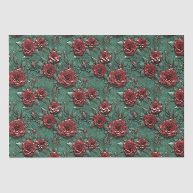 Papier Mousseline Floral de Roses rouges vertes (Recto)