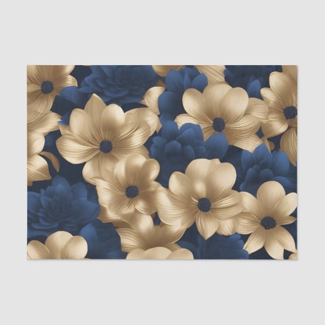 Papier Mousseline Floral Élégant Bleu Et Or Marine (Recto)