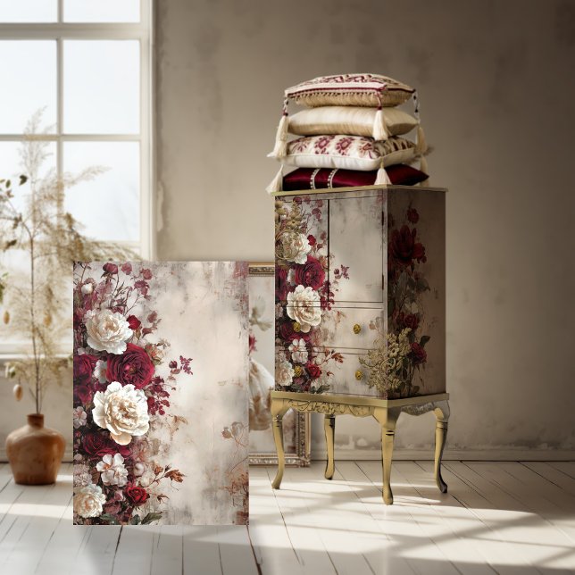 Papier Mousseline Floral, French Chic, Rose & Peony (Burgundy Red & Beige White, Romantic, Shabby Chic, Roses & Peony, Tattered Floral, Decoupage Paper)