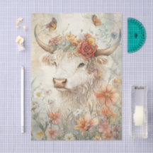 Floral Highland Cow Vintage Illustration Decoupage