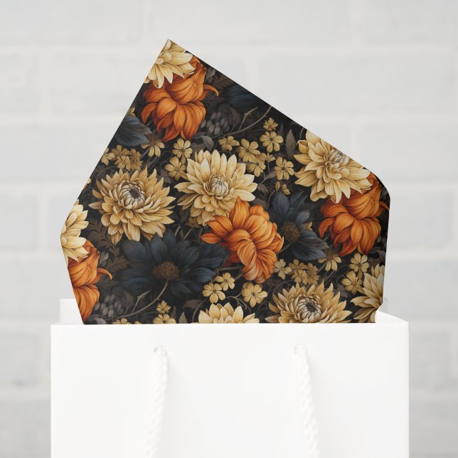 Papier Mousseline Floral noir et orange (Sac cadeau)