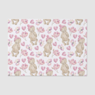 Papier Mousseline Floral nounours aquarelle sur blanc