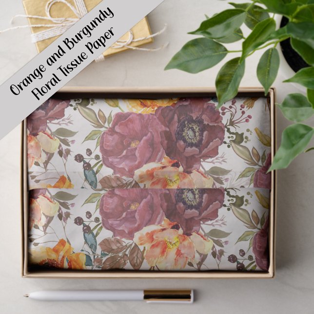 Papier Mousseline Floral Orange Bourgogne (Orange and burgundy watercolor floral gift wrapping tissue paper)
