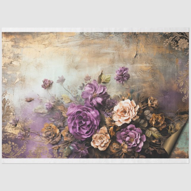 Papier Mousseline Floral, Purple Dusty, Mélange Vert & Or (Recto)
