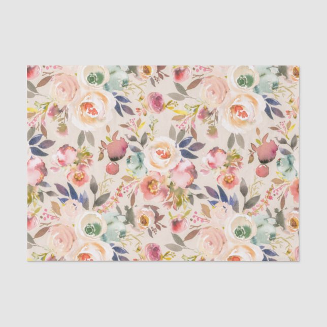 Papier Mousseline Floral rustique d'aquarelle brune rose ene ivoire (Recto)
