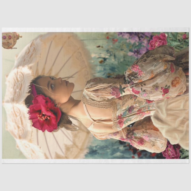 Papier Mousseline Floral vibrant, élégante dame avec un parasol (Recto)