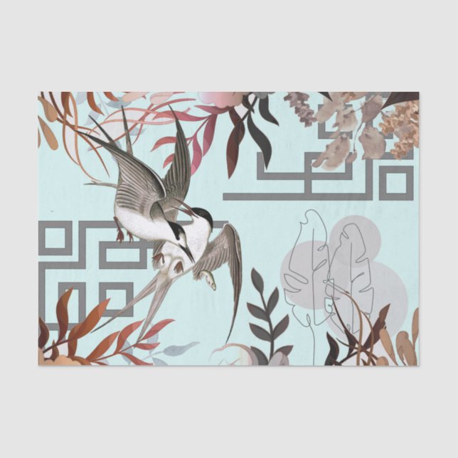 Papier Mousseline Florals Browns, Cranberry Tan & Birds Decoupage (Recto)