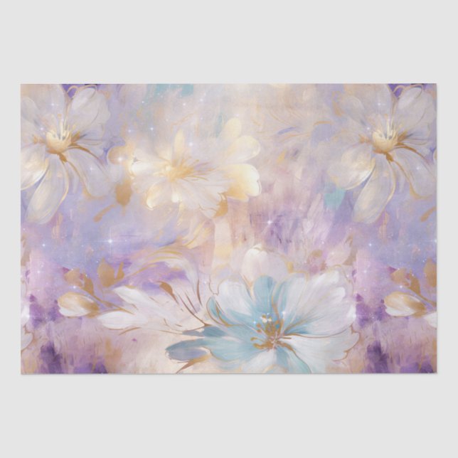 Papier Mousseline Flore bleu violet d'or blanc (Recto)