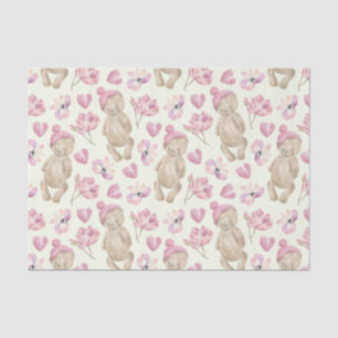 Papier Mousseline Flore d'aquarelle Nounours sur l'ivoire