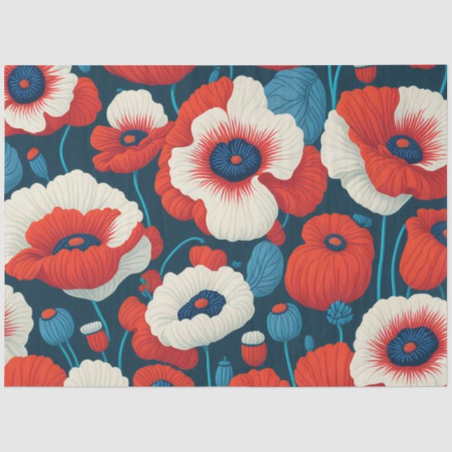 Papier Mousseline Flore Rouge, Blanc, Papillons Bleus Découpage (Recto)