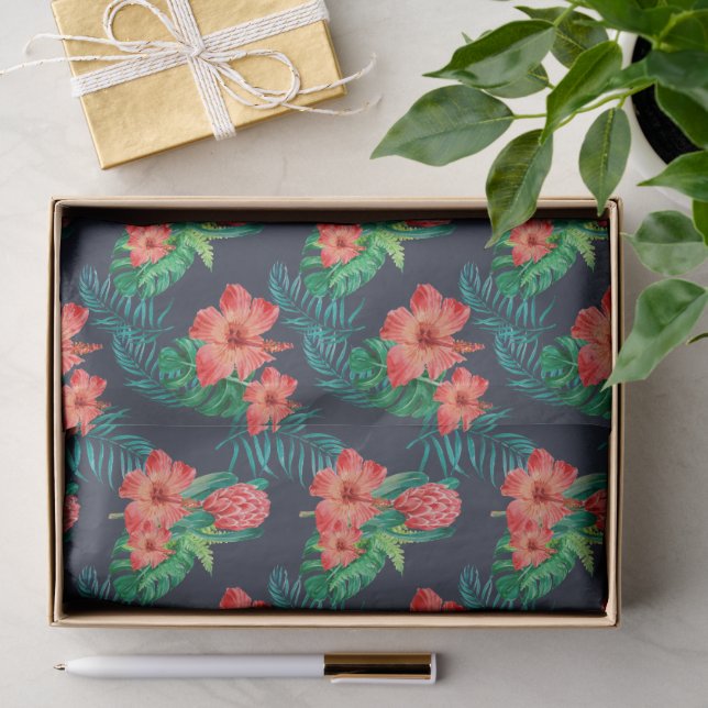 Papier Mousseline Flore tropicale rouge sur la marine (Cadeau)