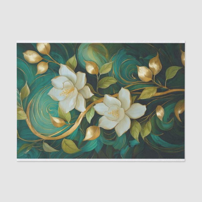 Papier Mousseline Flores de Gardénie dorées, blanc Formal Tropical (Recto)