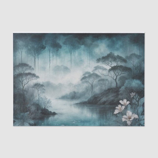 Papier Mousseline Foggy Lake Cove - Paysage Moody Blue and Grey (Recto)