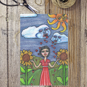 Papier Mousseline Folk Art Lady Clouds Sunflowers Sun Hearts