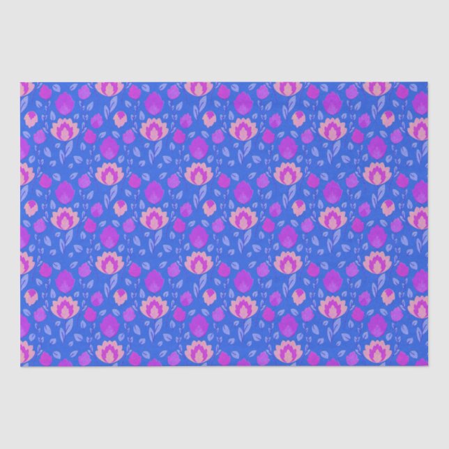 Papier Mousseline Folkore Floral Moderne // Bleu-Violet-Rose (Recto)