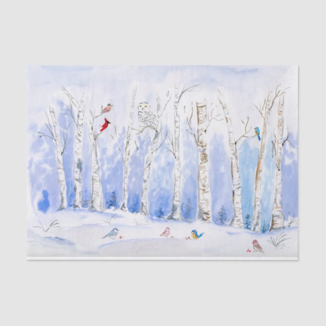 Papier Mousseline Forêt De Birch D'Aquarelle Avec Oiseaux (Recto)